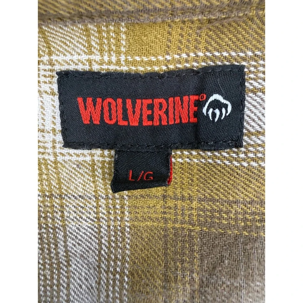 Wolverine Plaid Flannel Button Up‎ Men L 100% Cotton Olive Green Hiking Heavy